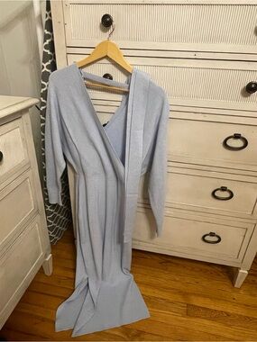 Light Blue Wrap Midi Dress with Waist Tie